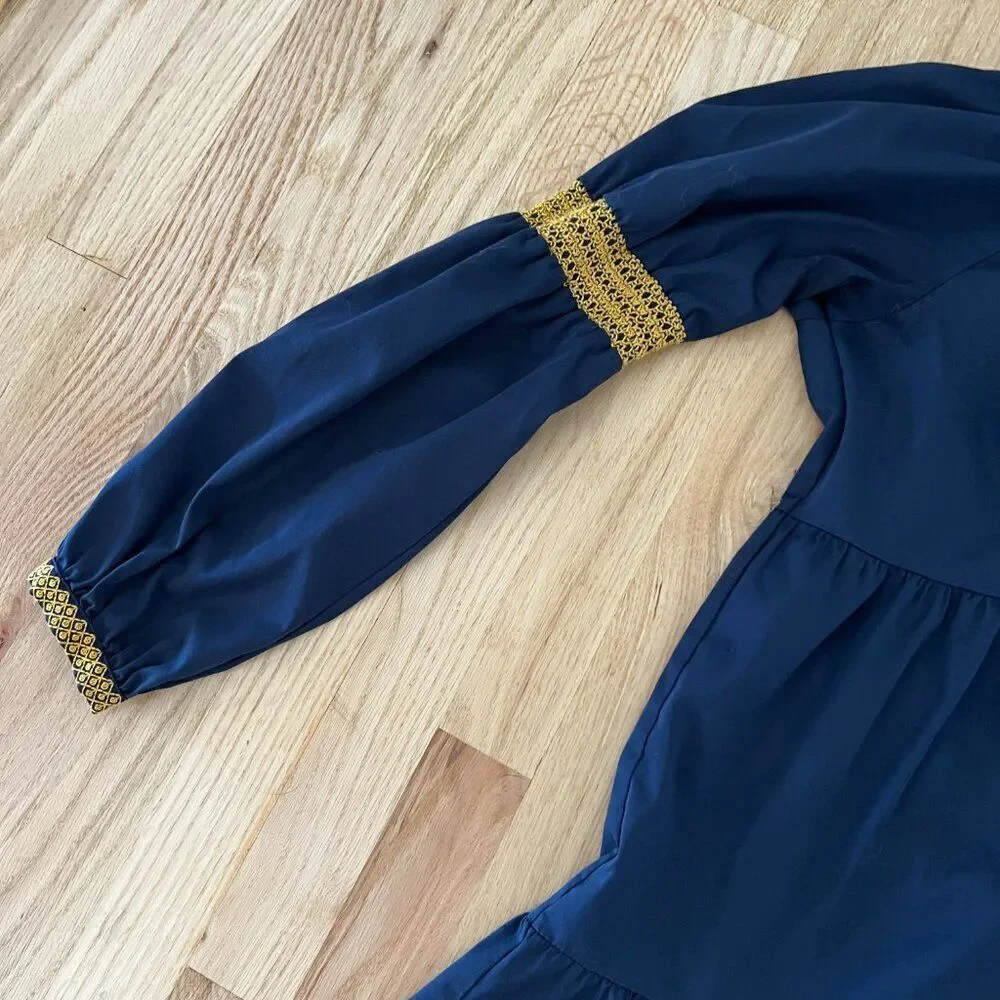 Elizabeth and James A-Line Blue peasant Dress puff sleeve Tiered Boho gold small